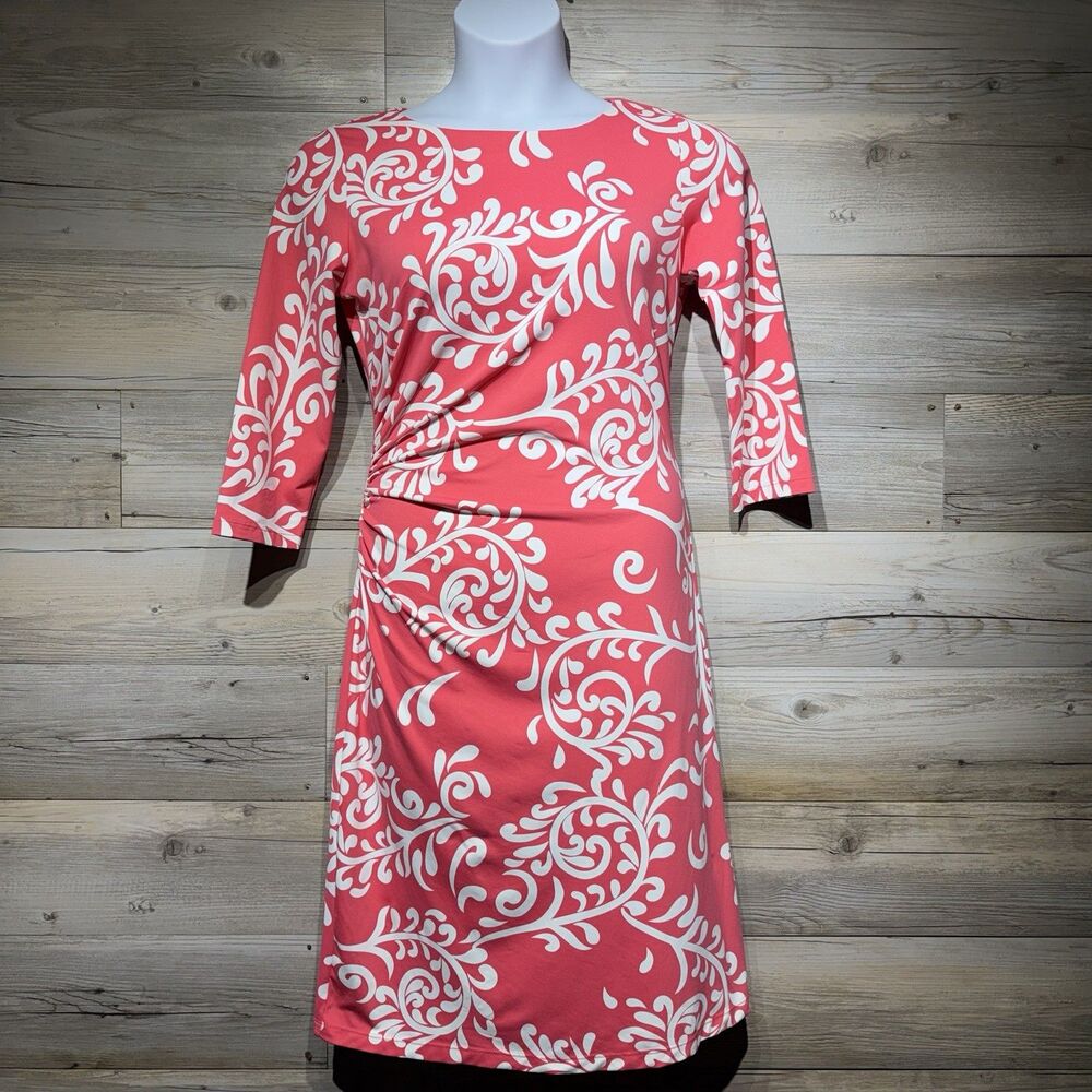 J McLaughlin Catalina Cloth Dress Knee Length Ruched Side Pink Swirl Size Medium
